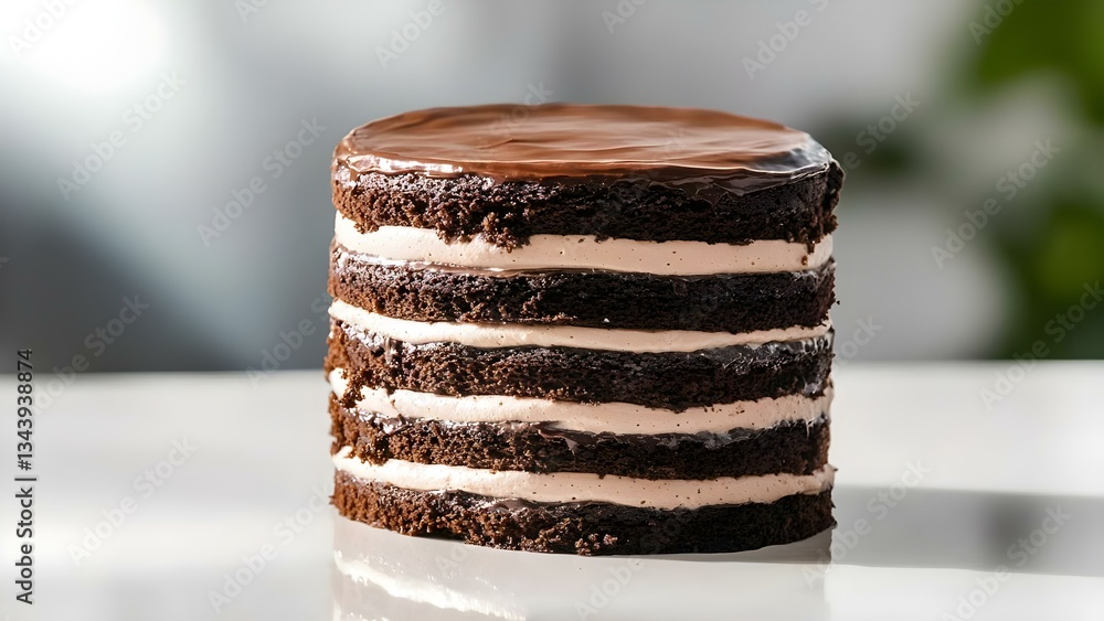 Poster a layered chocolate cake with frosting between each layer and a glossy chocolate glaze on top. conce