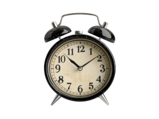 Black Twin Bell Alarm Clock analog classic vintage retro style transparent background.