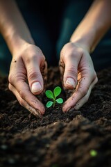 Green Sprout in Hands Cradling Soil New Life Growth Nature Sustainability Organic Care Eco Responsibility