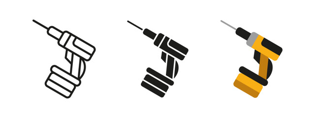 Drill icon. Cordless power tool vector illustration. Essential handheld equipment used for construction, repair and DIY projects. Ideal for drilling, screwing and renovation work in workshops.