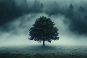 Solitary Tree in Misty Wilderness with Diffused Light and Dark Earthy Tones