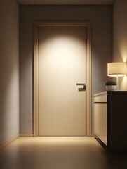 Interior hallway illuminated by a lamp and a closed wooden door
