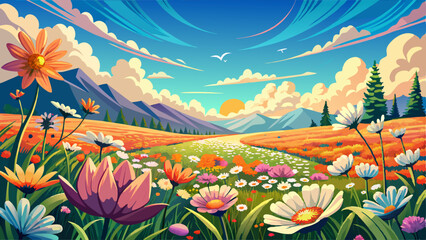 Fototapeta premium Vintage landscape nature background of beautiful cosmos flower field on sky with sunlight in spring. vintage color tone filter effect
