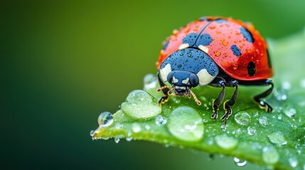Fototapeta premium Vibrant Red Ladybug with Water Droplets on Green Leaf Surface