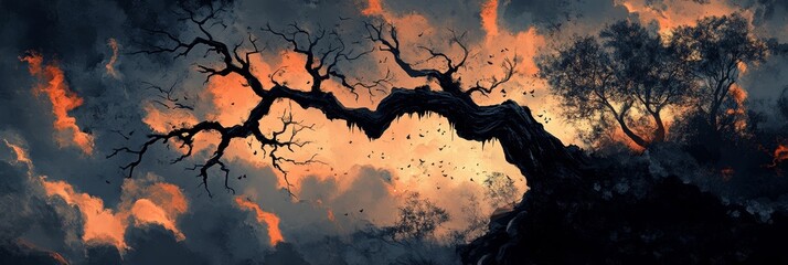 Twisted tree silhouette against fiery sky backdrop