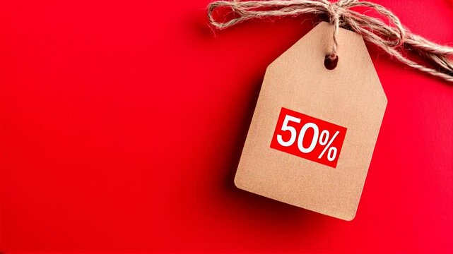 Kraft paper price tag with 50% discount on bright red background. Sale label with twine string. Retail promotion concept. Shopping events, seasonal clearance, holiday discounts.