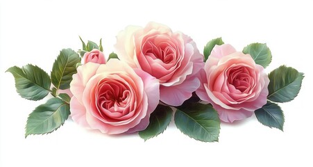 Pink Rose Flowers and Green Leaves Floral Arrangement Isolated on White Background