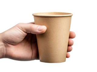 Mockup of male hand holding a blank coffee paper cup on transparent background.