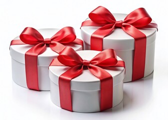Obraz premium Elegant White Round Gift Boxes with Red Ribbons on White Background - Perfect for Holiday or Birthday Presentation