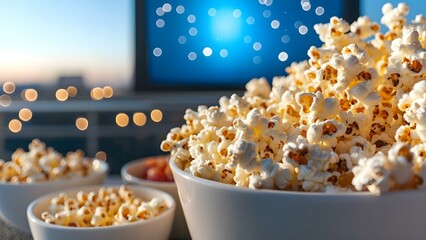 A large bowl of popcorn is in focus, with blurred bowls of popcorn and a colorful background resembling a movie setting. Concept Bowl of Popcorn, Blurred Background, Movie Atmosphere