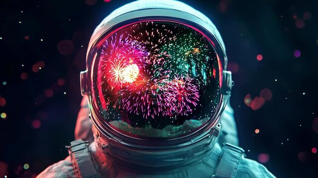 An astronaut watches a vibrant fireworks show reflecting in the visor while floating in space, capturing a unique cosmic celebration