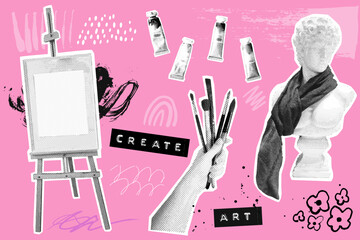 Art creativity collage, trendy doodle and halftone magazine cutouts. Photo of painting easel, hand with brushes, paint tubes. Workshop poster design elements