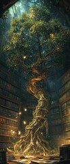 Obraz premium Enchanted tree grows within library room.