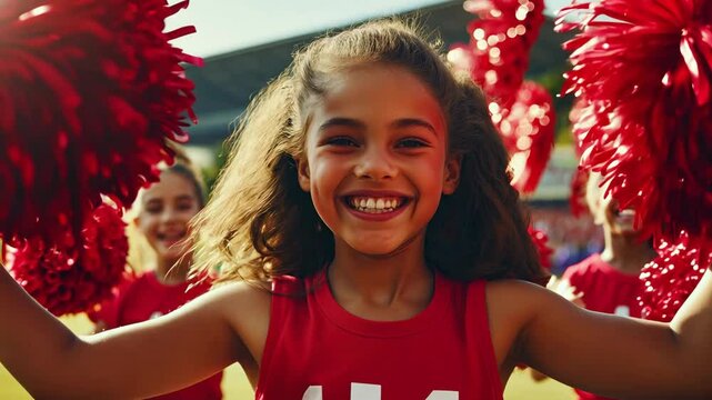 Young cheerleaders showcase their skills and enthusiasm at a daytime sports event, bringing joy to the audience with their spirited performance
