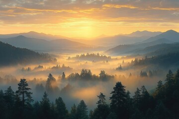 misty mountain sunrise over tranquil lake and forest landscape