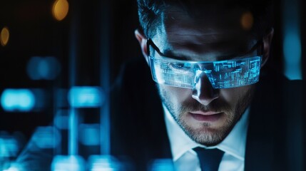 A businessman using augmented reality glasses for data analysis