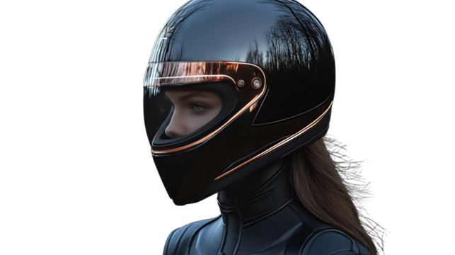 Woman with Motorbike Helmet: A stylish and poised woman dons a sleek, modern motorbike helmet. The image evokes a sense of adventure, speed, and fashion-forward design.