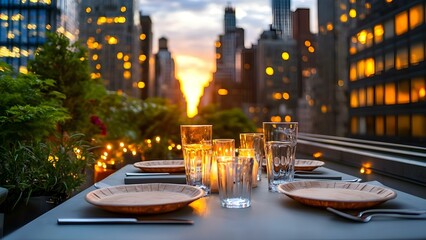 A beautifully set table with glowing candles and glasses, overlooking a city skyline at sunset. Concept Elegant Dinner Setup, Candlelit Ambiance, City Skyline View, Romantic Sunset