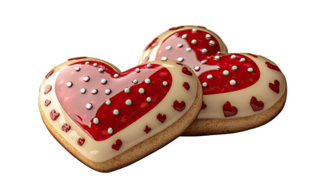 Sweet Hearts Delights: Delightful heart-shaped cookies adorned with a vibrant red glaze and playful sprinkles, evoking warmth and affection