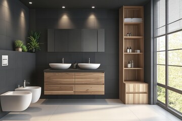 Modern dark bathroom interior with double vanity, light fixtures, and window view