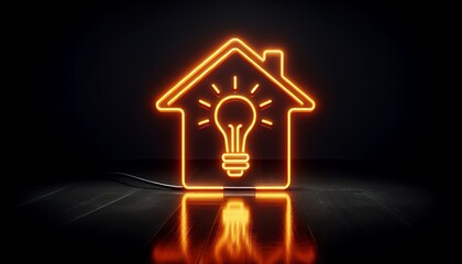 Neon outline of a house with a glowing light bulb inside, symbolizing innovation and energy-saving solutions for modern living.
