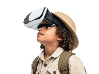 child wearing virtual reality headset, exploring immersive experiences in school, technology, and learning environments