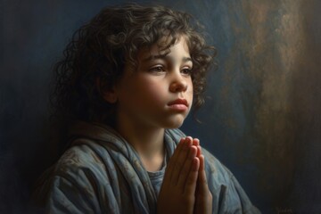 Little Black Boy Praying in Morning Light with Hands Held Together in Faith and Peace