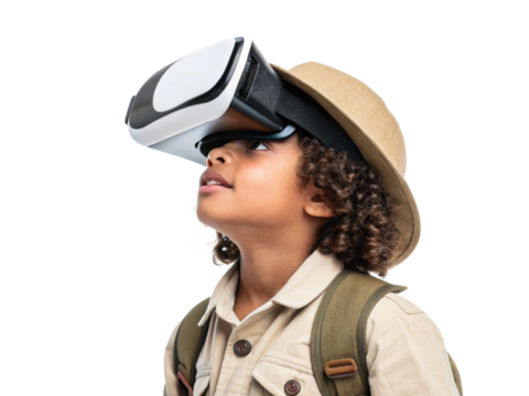 child wearing virtual reality headset, exploring immersive experiences in school, technology, and learning environments
