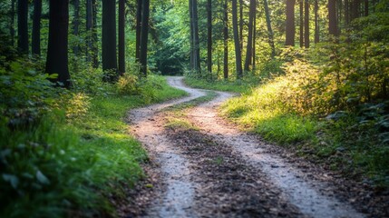 Fototapeta premium Two diverging forest paths: one overgrown, the other well-kept, symbolizing choices between tradition and progress.