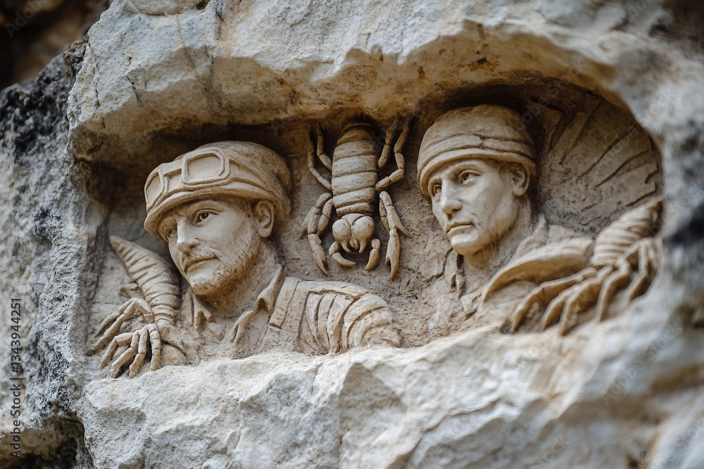Poster generative ai bas-relief sculpture combining classical artistic themes with modern world attributes