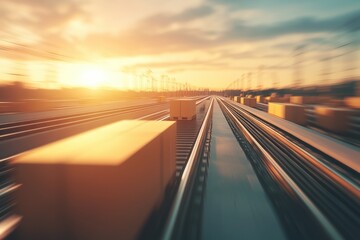 Obraz premium Dynamic View of Cargo Transport on Railway at Sunset