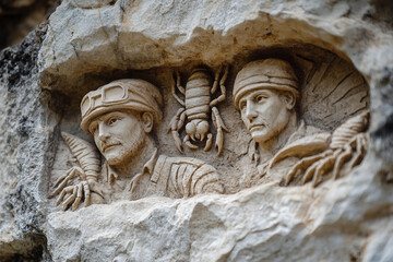 Obraz premium Generative AI Bas-Relief Sculpture Combining Classical Artistic Themes with Modern world attributes