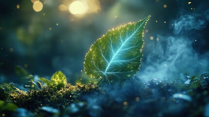 Fototapeta premium Glowing leaf in mystical forest