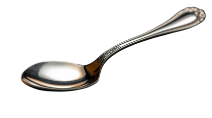 Silver Spoon: A detailed, isolated shot showcases a polished silver spoon, capturing the gleam of its curved bowl and decorative handle, a symbol of elegance and culinary grace.