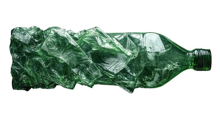Crumpled Plastic Bottle: A flattened, translucent green plastic bottle, crushed and distorted, serves as a visual statement on the urgent need for recycling and environmental consciousness