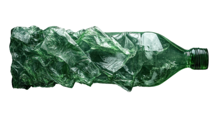Crumpled Plastic Bottle: A flattened, translucent green plastic bottle, crushed and distorted, serves as a visual statement on the urgent need for recycling and environmental consciousness