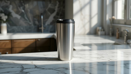 Stylish reusable travel mug on kitchen counter sustainable ecofriendly morning routine coffee tea beverage hydration on the go
