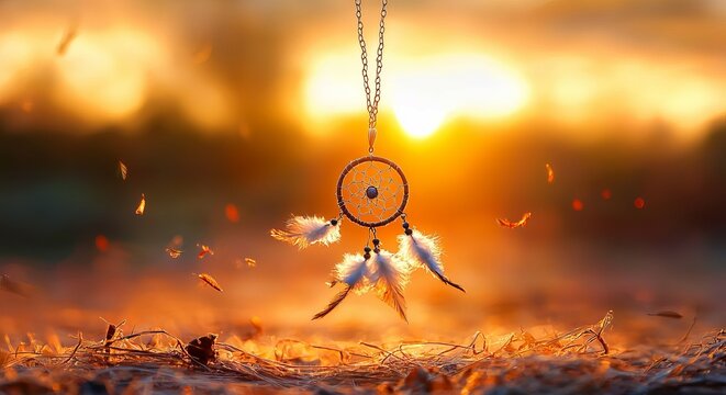 A beautifully crafted dreamcatcher pendant with feathers, glowing against a vibrant sunset background. - Powered by Adobe