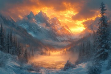 Breathtaking Sunrise Over Snow-Covered Mountains and Misty Valley
