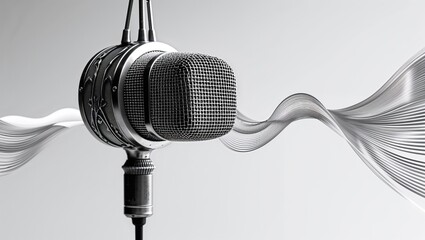 A modern microphone sits prominently against a minimalist background, while sound waves visually represent the lively exchange of ideas during a podcast recording session