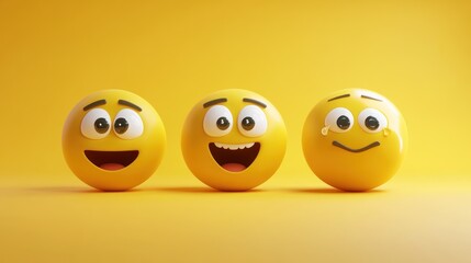 Emotional expressions concept with three emoji characters on yellow background