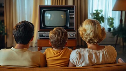 A family sits on a couch together, watching a retro television set in a cozy living room filled with vintage furniture