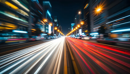 Fast city traffic light trails long exposure urban night cityscape modern metropolis speed blur
