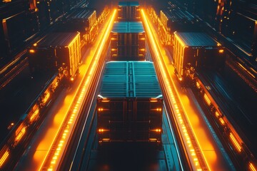 Futuristic Warehouse Scene with Glowing Lines and Cargo Containers