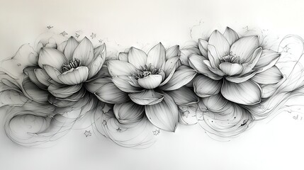   A white background with black and white drawings of flowers