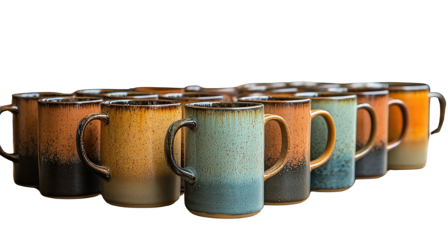 Artisan Mugs Array: A group of ceramic mugs in a spectrum of colors, arranged in a neat display, embodying the essence of handmade artistry and daily comfort.