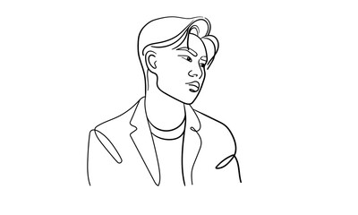 Man is a narcissist, admires himself on white background. Line art drawing. Guy asian model. Vector illustration
