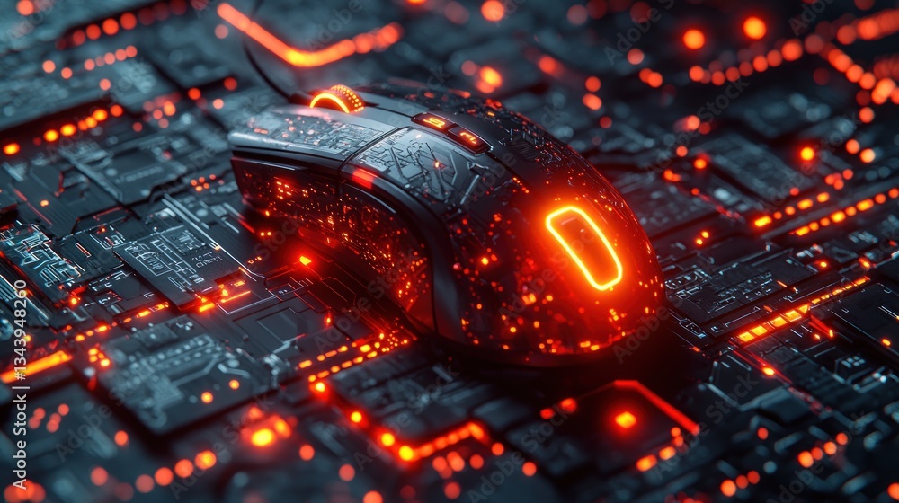 Poster advanced gaming mouse illuminated on a futuristic circuit board background