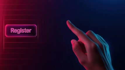 register approval concept. A hand pressing a glowing "Register" button in a dark digital setting.