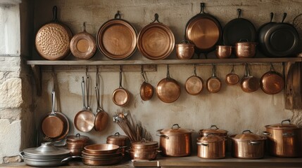 Rustic Kitchen: An Array of Vintage Copper Cookware and Culinary Utensils